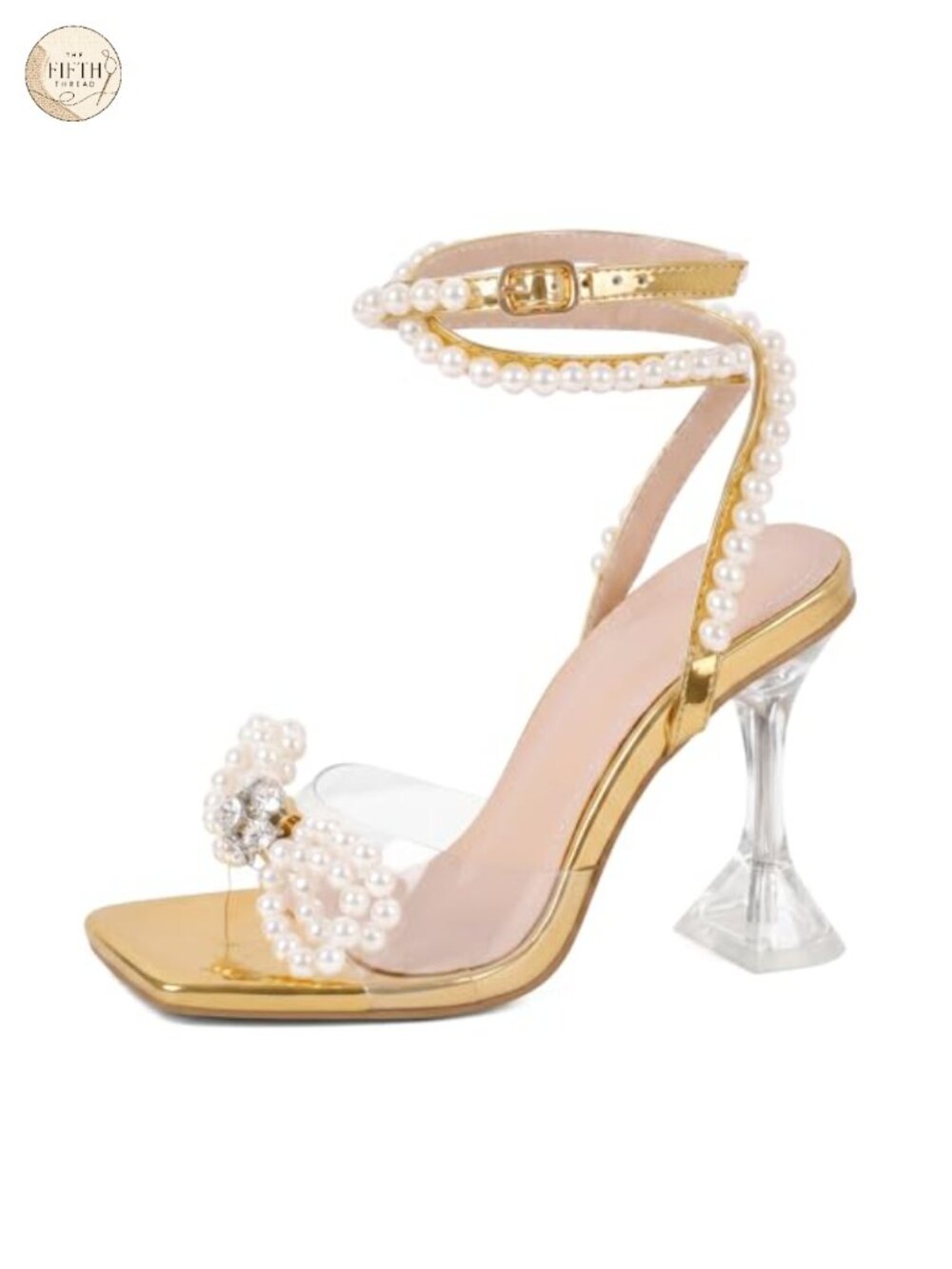Square Toe Clear Heeled Sandals Rhinestone Bow Ankle Strap Stiletto